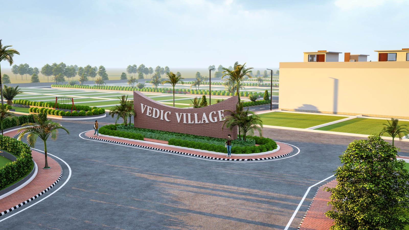 Include images of Anushthan Vedic Village's entrance